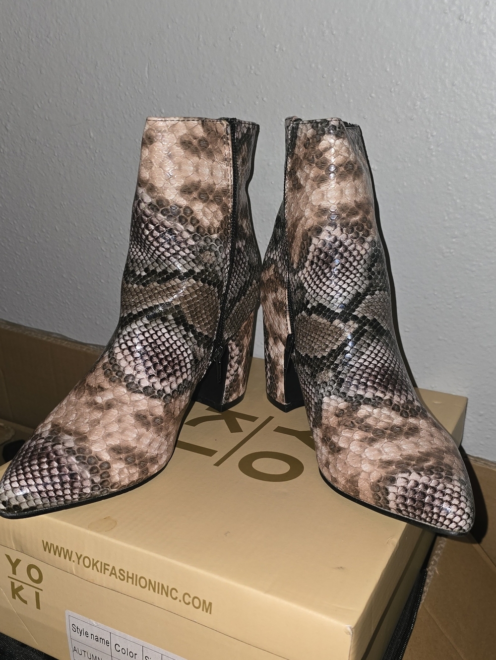 Yoki Taupe & Brown Snake-Print Pointed Ankle Boots